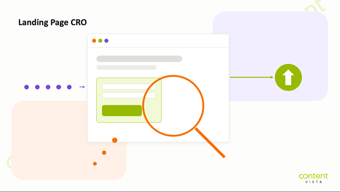 Editorial illustration of a landing page under a magnifying glass revealing a conversion leak before leads reach the pipeline
