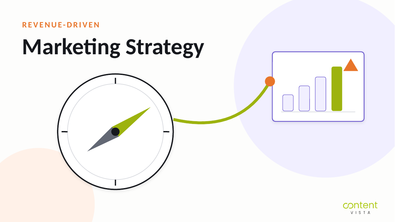 Revenue-driven marketing strategy illustration showing a compass needle guiding a rising revenue line toward pipeline growth